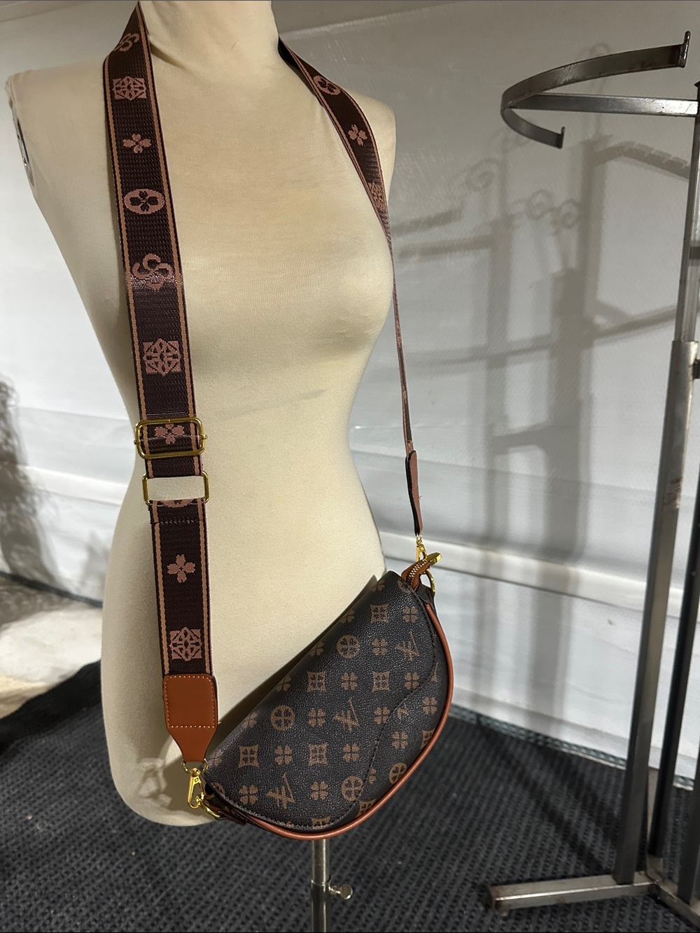 Brown Monogram Crescent faux YSL Crossbody Bag with Adjustable Strap